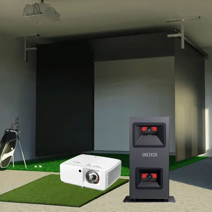 Uneekor EYE MINI LITE SportScreen Vanish Retractable Golf Studio Complete Package | Home Golf Simulator Studio with Impact Screen, Enclosure, Hitting Mat, Putting Turf & Projector