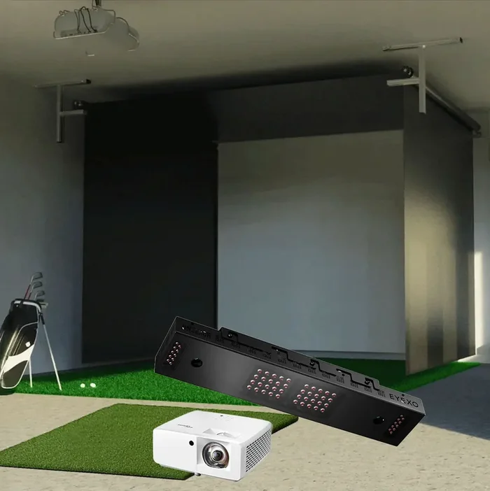 Uneekor EYE XO SportScreen Vanish Retractable Golf Studio Complete Package | Home Golf Simulator Studio with Impact Screen, Enclosure, Hitting Mat, Putting Turf & Projector