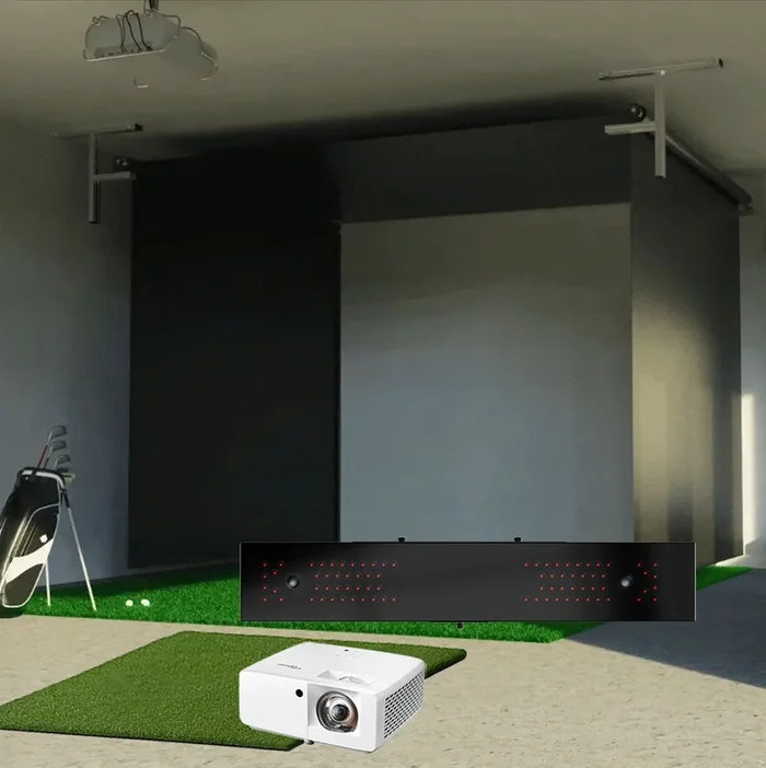 Uneekor EYE XR SportScreen Vanish Retractable Golf Studio Complete Package | Home Golf Simulator Studio with Impact Screen, Enclosure, Hitting Mat, Putting Turf & Projector