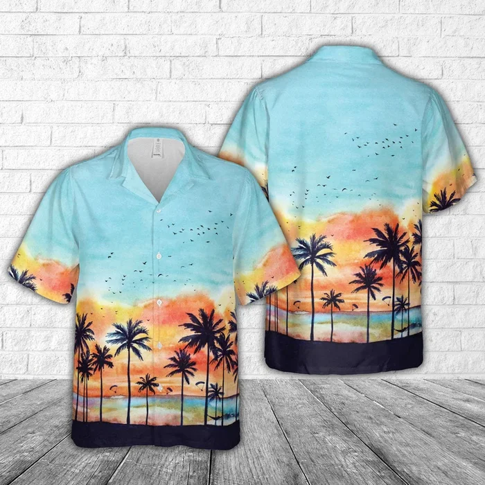 Watercolor tropical landscape with palms Tree Hawaiian Shirt – Fanshubus.com