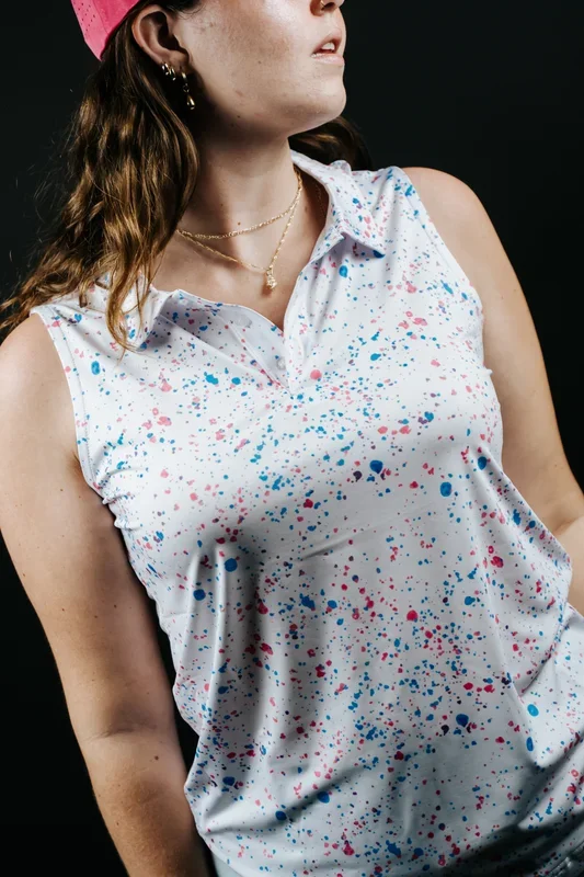 Womens White Paint Splatter Polo